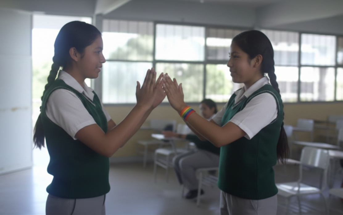 Two teen rural girls at school playing hands